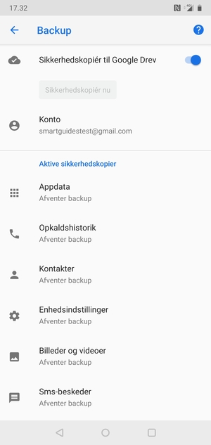 Vend tilbage til menuen Backup og vælg Konto