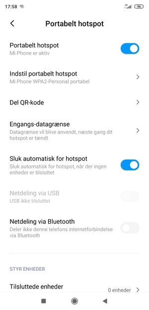 Din telefon er nu sat op til brug som modem
