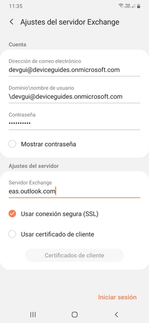 Introduzca Nombre de usuario y la dirección de servidor Exchange. Seleccione Iniciar sesión