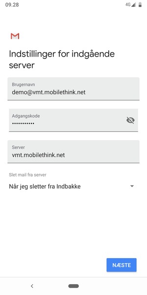 Indtast Brugernavn og indgående serveradresse. Vælg NÆSTE