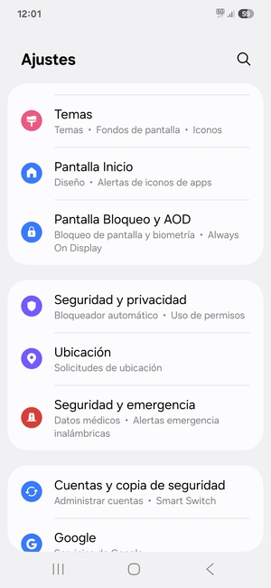 Desplácese y seleccione Seguridad y privacidad