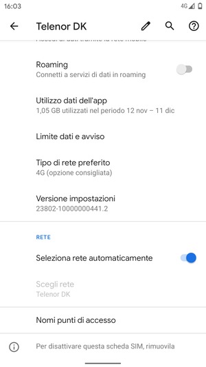 Disattiva Seleziona rete automaticamente