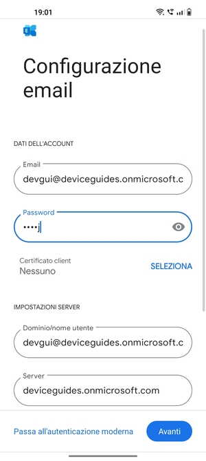 Inserisci Nome utente e l'indirizzo del server Exchange. Seleziona Avanti