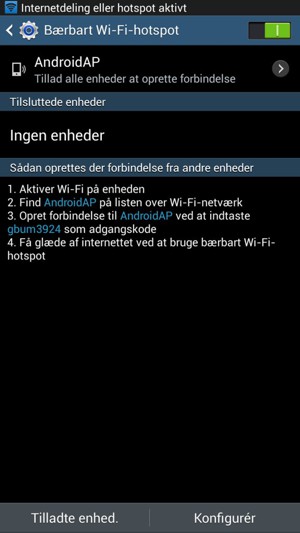 Din telefon er nu sat op til brug som modem