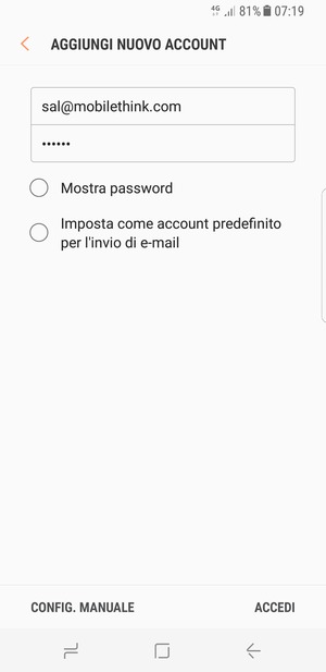 Inserisci il tuo indirizzo email e password. Seleziona CONFIG. MANUALE