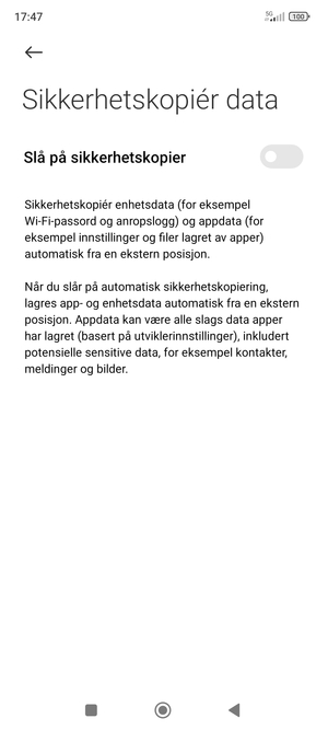 Slå på Slå på sikkerhetskopier
