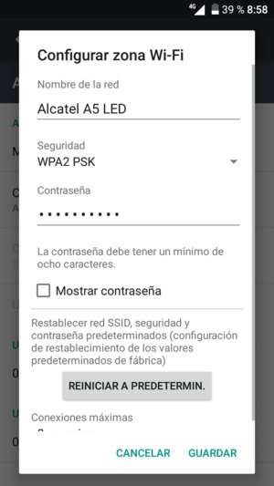 Introduzca una contraseña de punto de acceso Wi-Fi de al menos 8 caracteres y seleccione GUARDAR