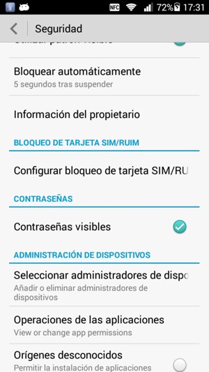 Para cambiar el PIN de la tarjeta SIM, vuelva al menú Seguridad y seleccione Configurar bloqueo de tarjeta SIM/RUIM