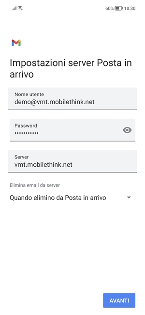 Inserisci Nome utente e l'indirizzo del server di posta in arrivo. Seleziona AVANTI