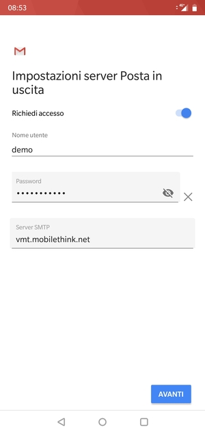 Inserisci l'indirizzo del server di posta in uscita