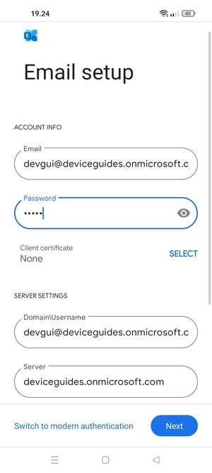 Enter Username and Exchange server address. Select Next
