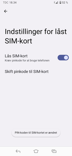 Din PIN-kode til SIM-kort er nu ændret