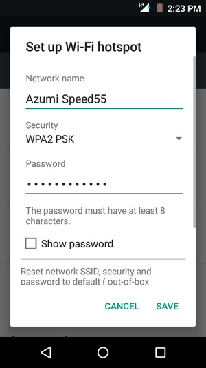 Enter a Wi-Fi hotspot password of at least 8 characters and select SAVE