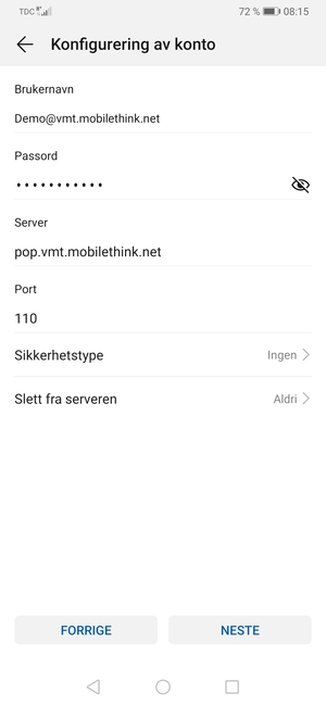 Skriv inn Brukernavn og innkommende serveradresse. Velg NESTE