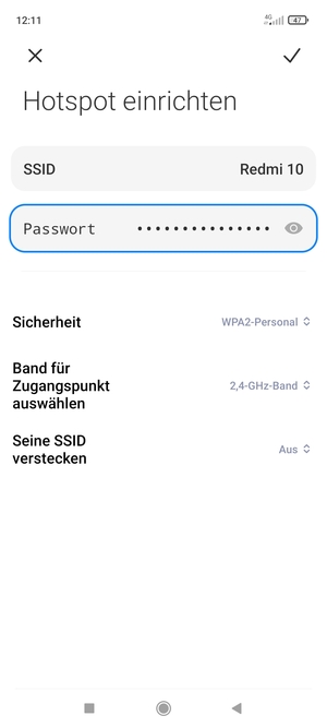 Geben Sie eine WLAN-Hotspot-Passwort mit mindestens 8 Zeichen ein und wählen Sie SPAREN