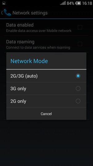 Select 2G only to enable 2G and 2G/3G (auto) to enable 3G