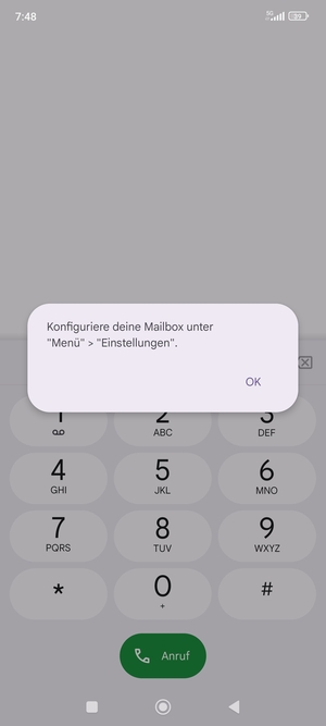 Falls Ihre Voicemail nicht eingerichtet ist, wählen Sie OK