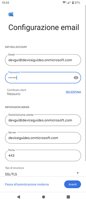 Inserisci Nome utente e l'indirizzo del server Exchange. Seleziona Avanti