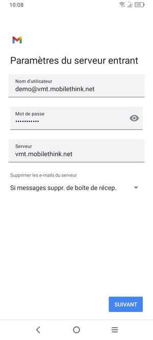 Saisissez votre Nom d'utilisateur et l'adresse du serveur entrant. Sélectionnez SUIVANT