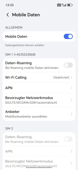 Scrollen Sie zu SIM 1 oder SIM 2 und wählen Sie Bevorzugter Netzwerkmodus