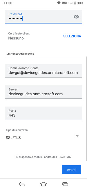 Inserisci Nome utente e l'indirizzo del server Exchange. Seleziona Avanti