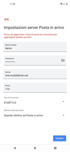 Seleziona Tipo di sicurezza