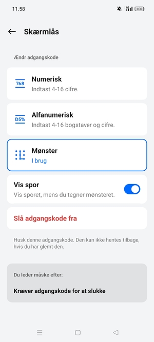 Din telefon er nu sikret med en skærmlås