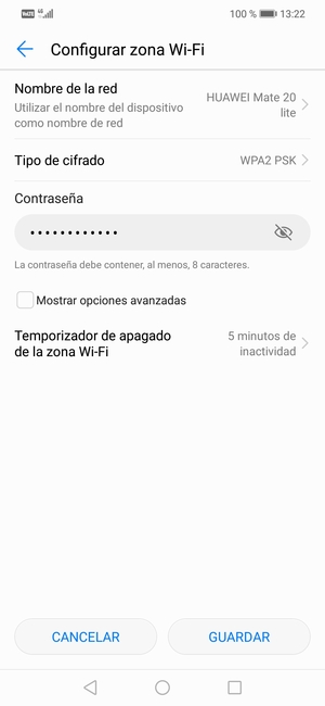 Introduzca una contraseña de punto de acceso Wi-Fi de al menos 8 caracteres y seleccione GUARDAR