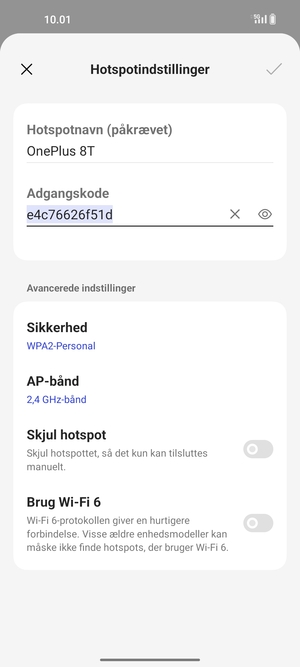 Indtast en Wi-Fi-hotspot adgangskode på minimum 8 tegn og vælg OK