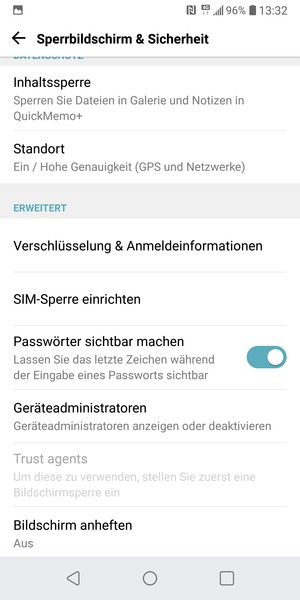 Um die PIN für die SIM-Karte zu wechseln, gehen Sie zum Sperrbildschirm & Sicherheit Menü zurück und wählen Sie SIM-Sperre einrichten