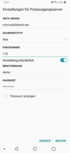 Geben Sie die Server-Adresse für ausgehende Post ein