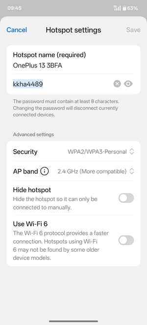 Enter a Wi-Fi hotspot password of at least 8 characters and select Save