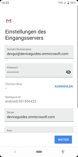 Geben Sie Benutzername und Exchange Server-Adresse ein. Wählen Sie WEITER