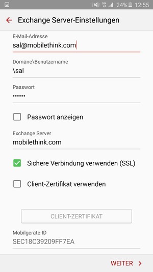Geben Sie Benutzername und Exchange Server-Adresse ein. Wählen Sie WEITER