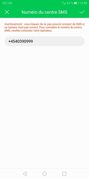Saisissez le Numéro du centre SMS et sélectionnez OK