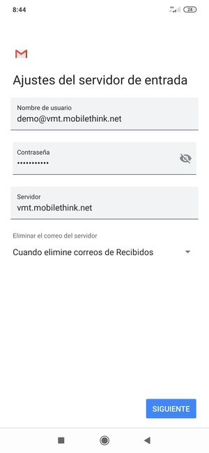 Introduzca Nombre de usuario y la dirección de servidor entrante. Seleccione SIGUIENTE