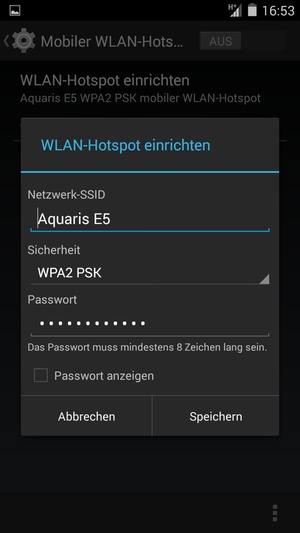 Geben Sie eine WLAN-Hotspot-Passwort mit mindestens 8 Zeichen ein und wählen Sie Speichern