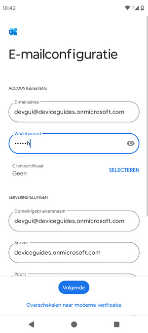 Voer Gebruikersnaam en Exchange serveradres in. Selecteer Volgende