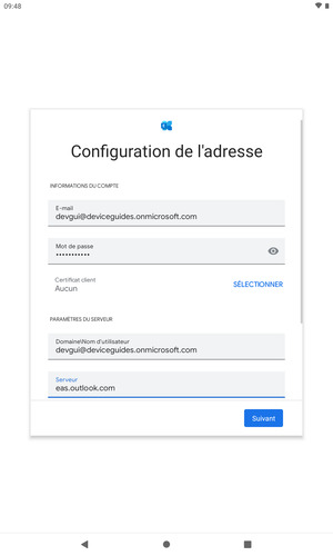 Saisissez votre Nom d'utilisateur et l'adresse du serveur Exchange. Sélectionnez Suivant