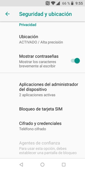 Para cambiar el PIN de la tarjeta SIM, vuelva al menú Seguridad y ubicación y seleccione Bloqueo de tarjeta SIM