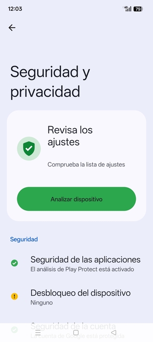 Para activar su bloqueo de pantalla, vaya al menú Seguridad y privacidad y seleccione Desbloqueo del dispositivo