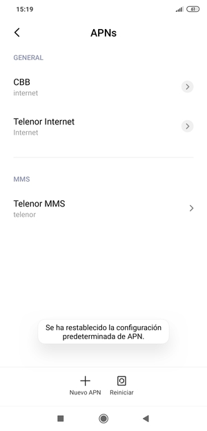 El teléfono se reiniciará con la configuración predeterminada de Internet y MMS