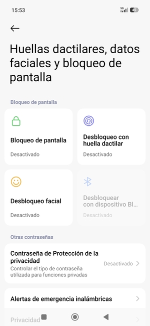 Para activar su bloqueo de pantalla, vaya al menú Huellas dactilares, datos faciales y bloqueo de pantalla y seleccione Bloqueo de pantalla
