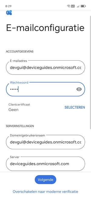 Voer Gebruikersnaam en Exchange serveradres in. Selecteer Volgende