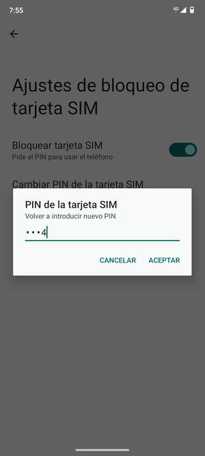 Confirme su nuevo PIN de tarjeta SIM y seleccione ACEPTAR