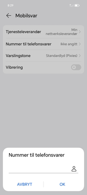 Skriv inn Nummer til telefonsvarer og velg OK
