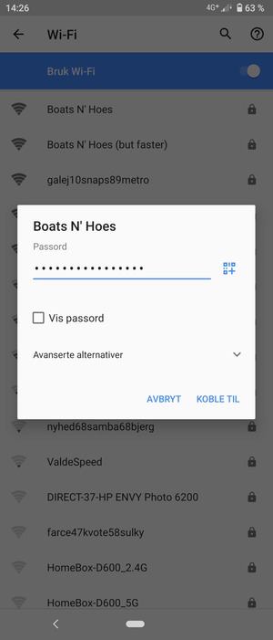 Skriv inn Wi-Fi-passord og velg KOBLE TIL