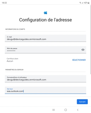 Saisissez votre Nom d'utilisateur et l'adresse du serveur Exchange. Sélectionnez Suivant