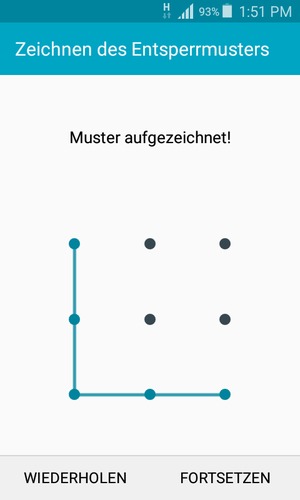 Zeichnen Sie ein Entsperrmuster und wählen Sie FORTSETZEN