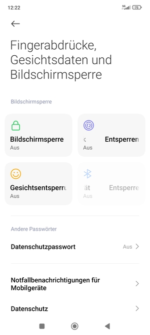 Um Ihre Bildschirmsperre zu aktivieren, gehen Sie zurück zum Fingerabdrücke, Gesichtsdaten und Bildschirmsperre Menü und wählen Sie  Bildschirmsperre